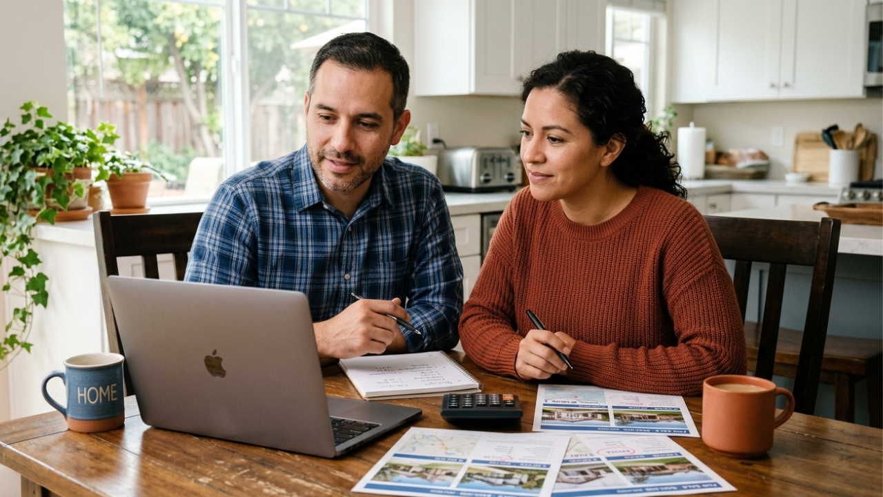Couple discussing finances with laptop and notepad