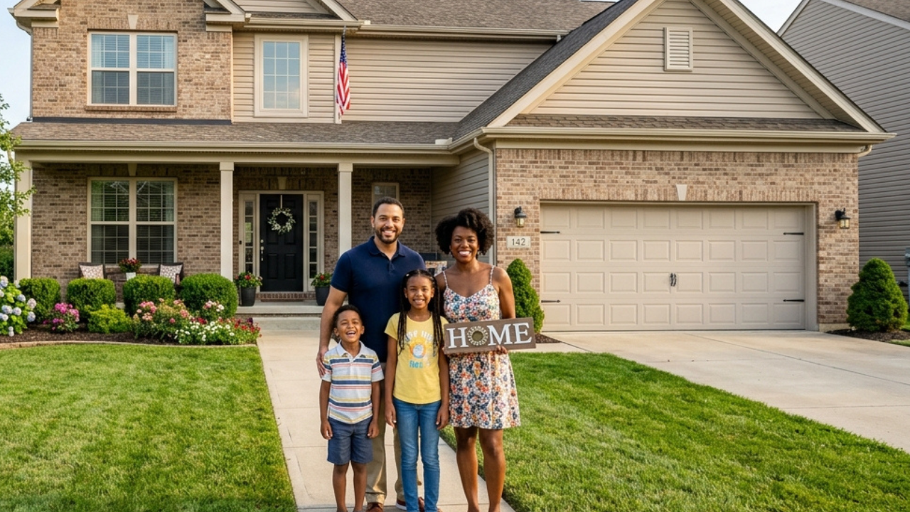 Middle-class family standing outside an affordable home