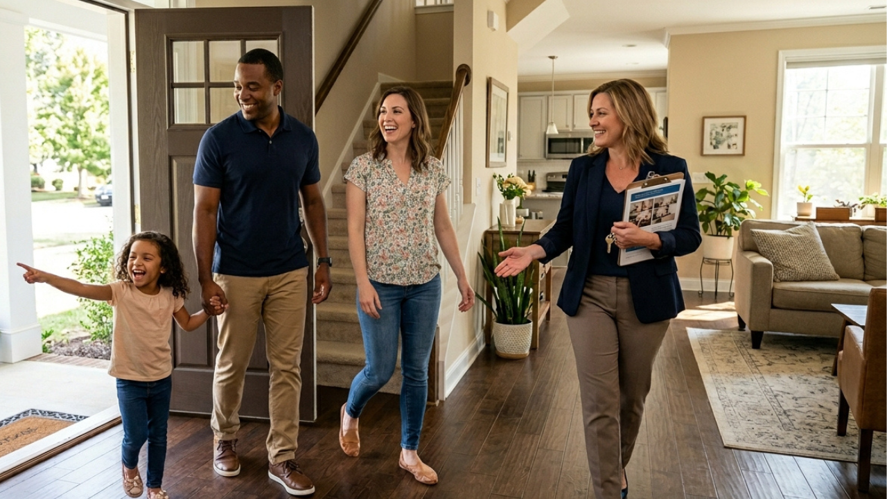Family touring a house