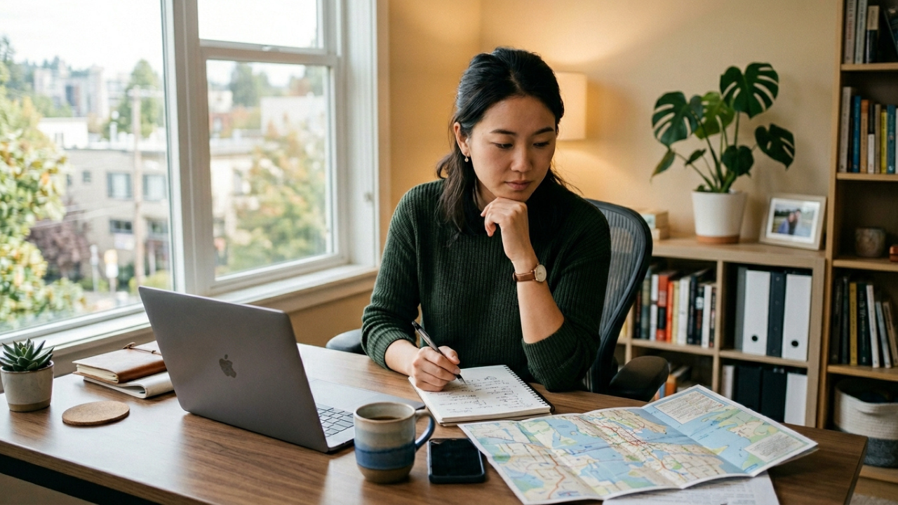 Person comparing cities on laptop
