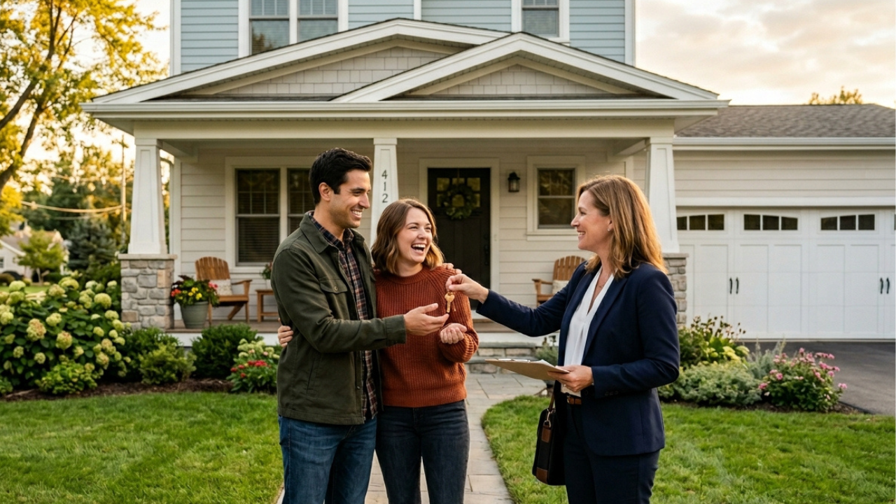 Realtor handing keys to new homeowners