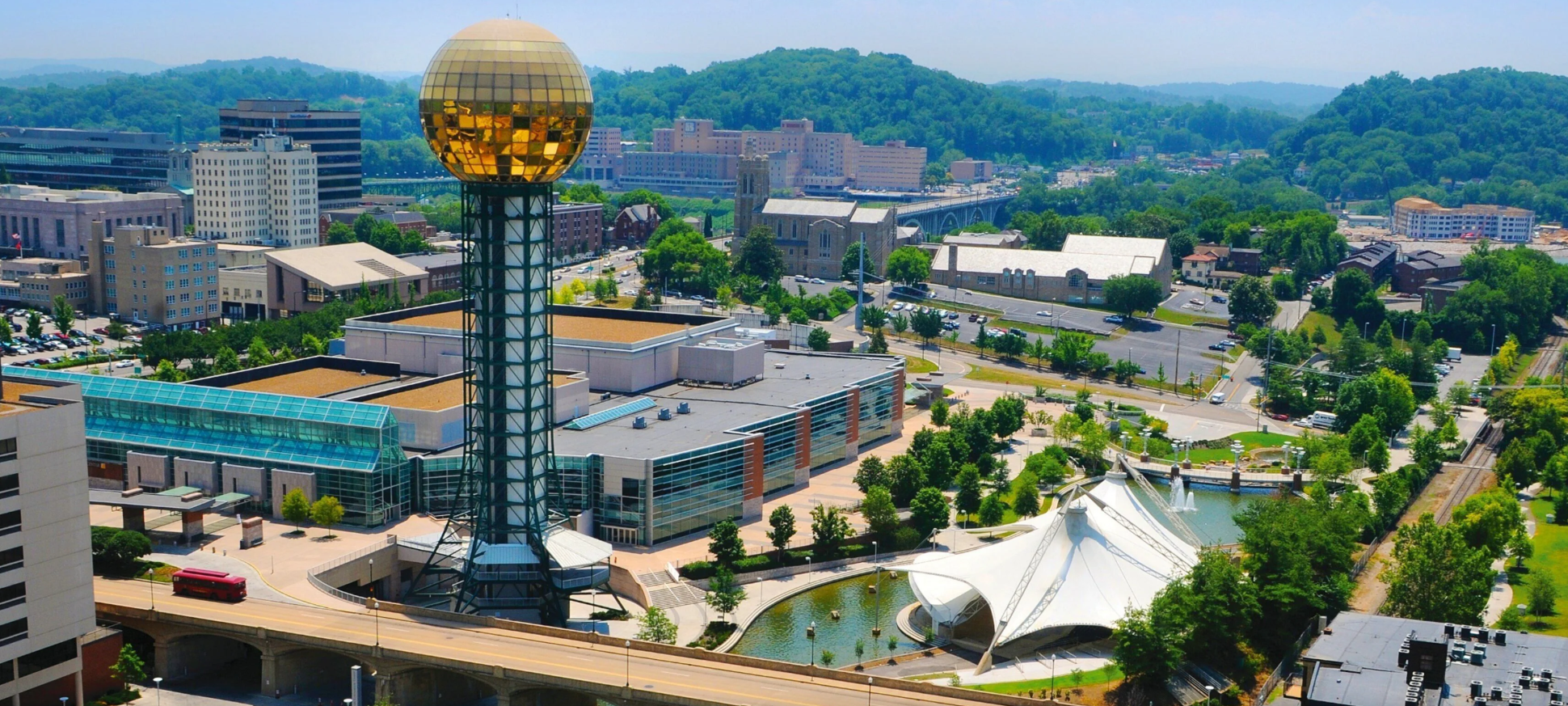 Knoxville Tennessee Sunsphere and downtown skyline aerial view
